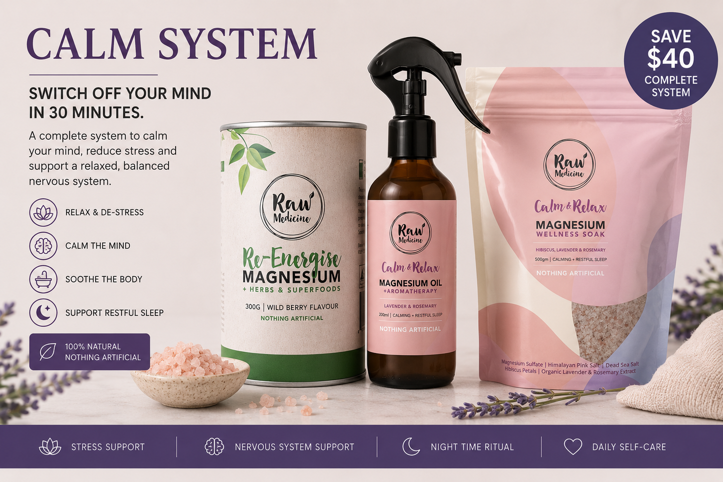 Calm System Bundle - magnesium powder, oil and soak