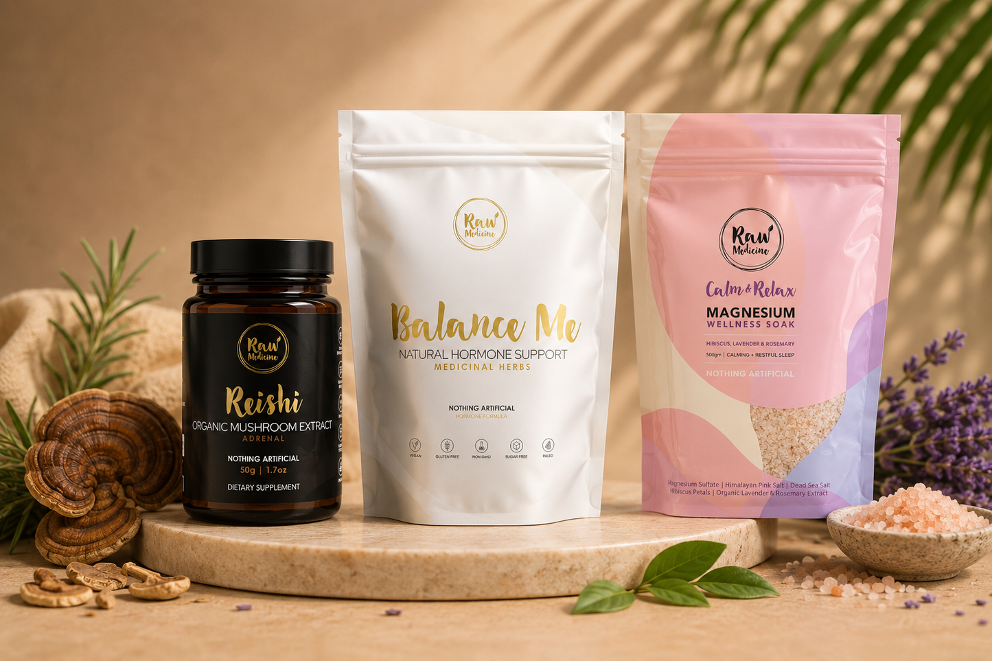 Hormone Support - Reishi, Balance Me and Calm & Relax Magnesium Wellness Soak