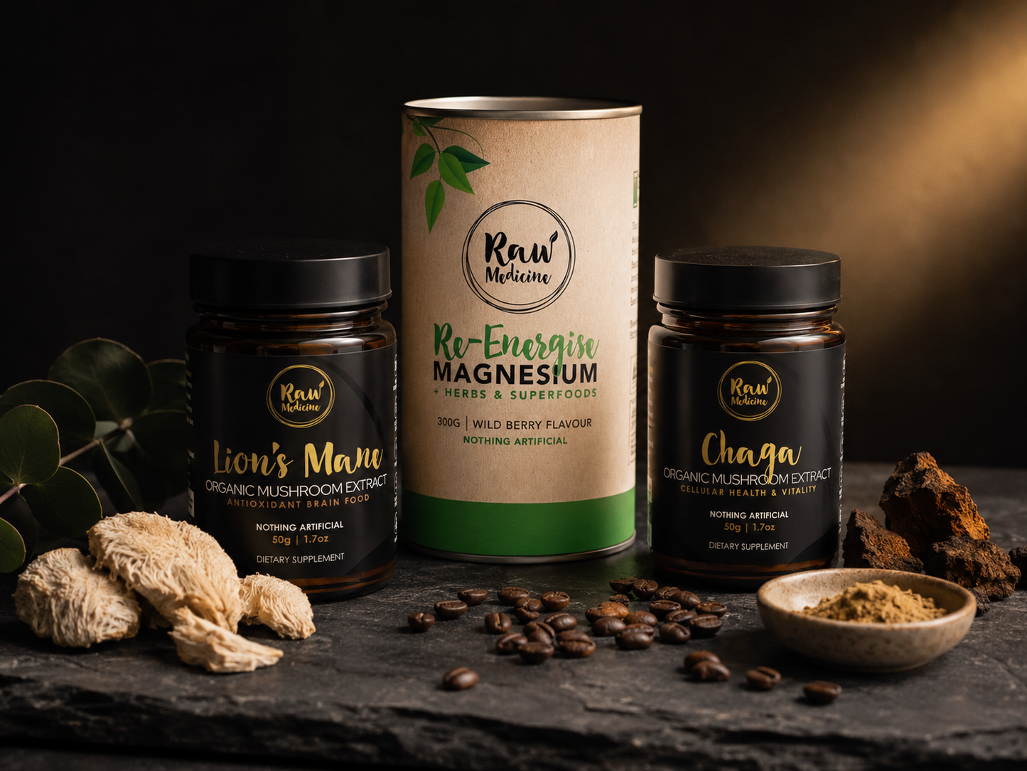 Energy System Bundle — Lion's Mane, Re-Energise Magnesium and Chaga on dark stone with coffee beans and eucalyptus