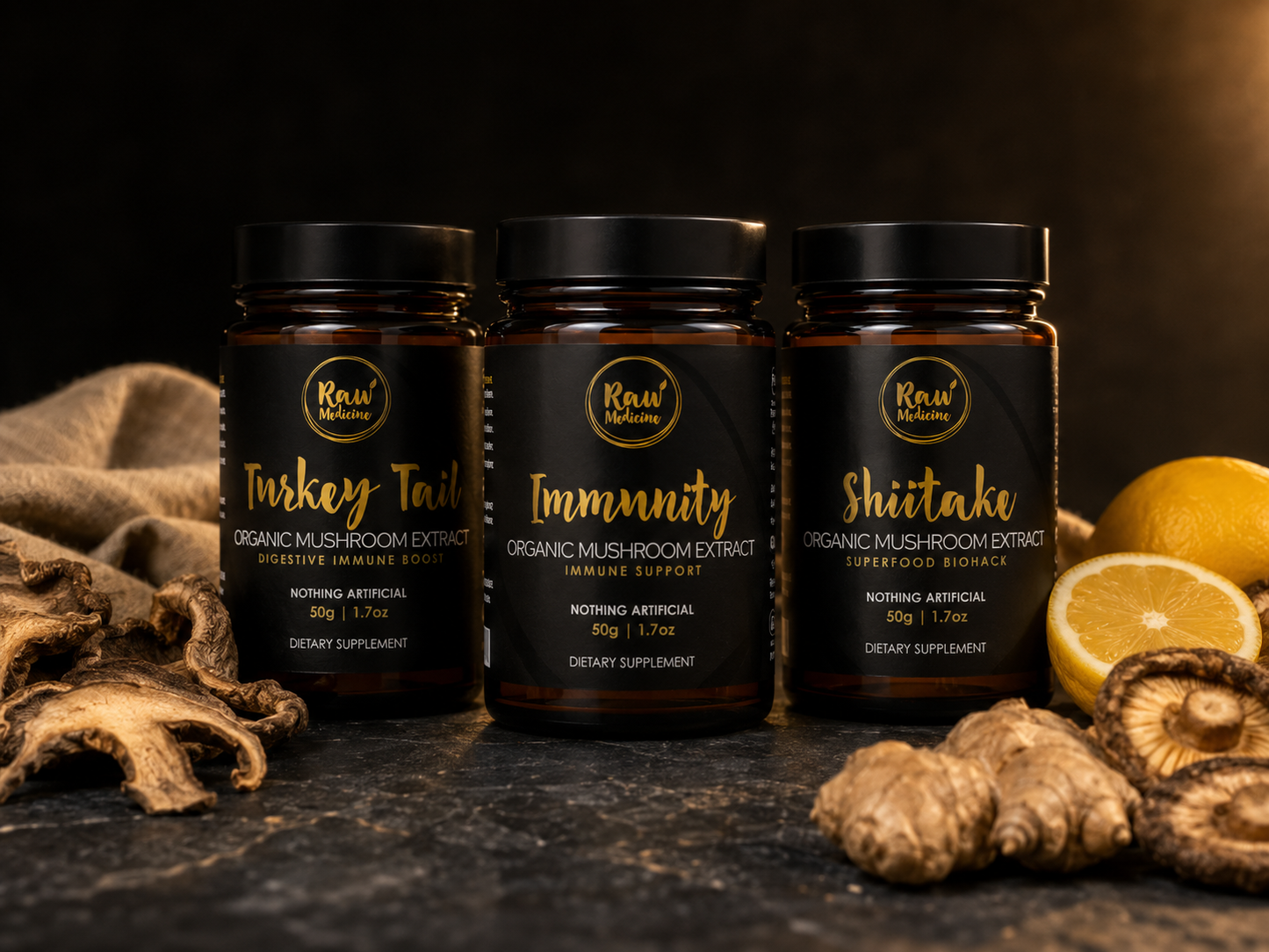 Immunity System Bundle — Immunity Blend, Turkey Tail and Shiitake mushroom extracts on dark stone with ginger and lemon