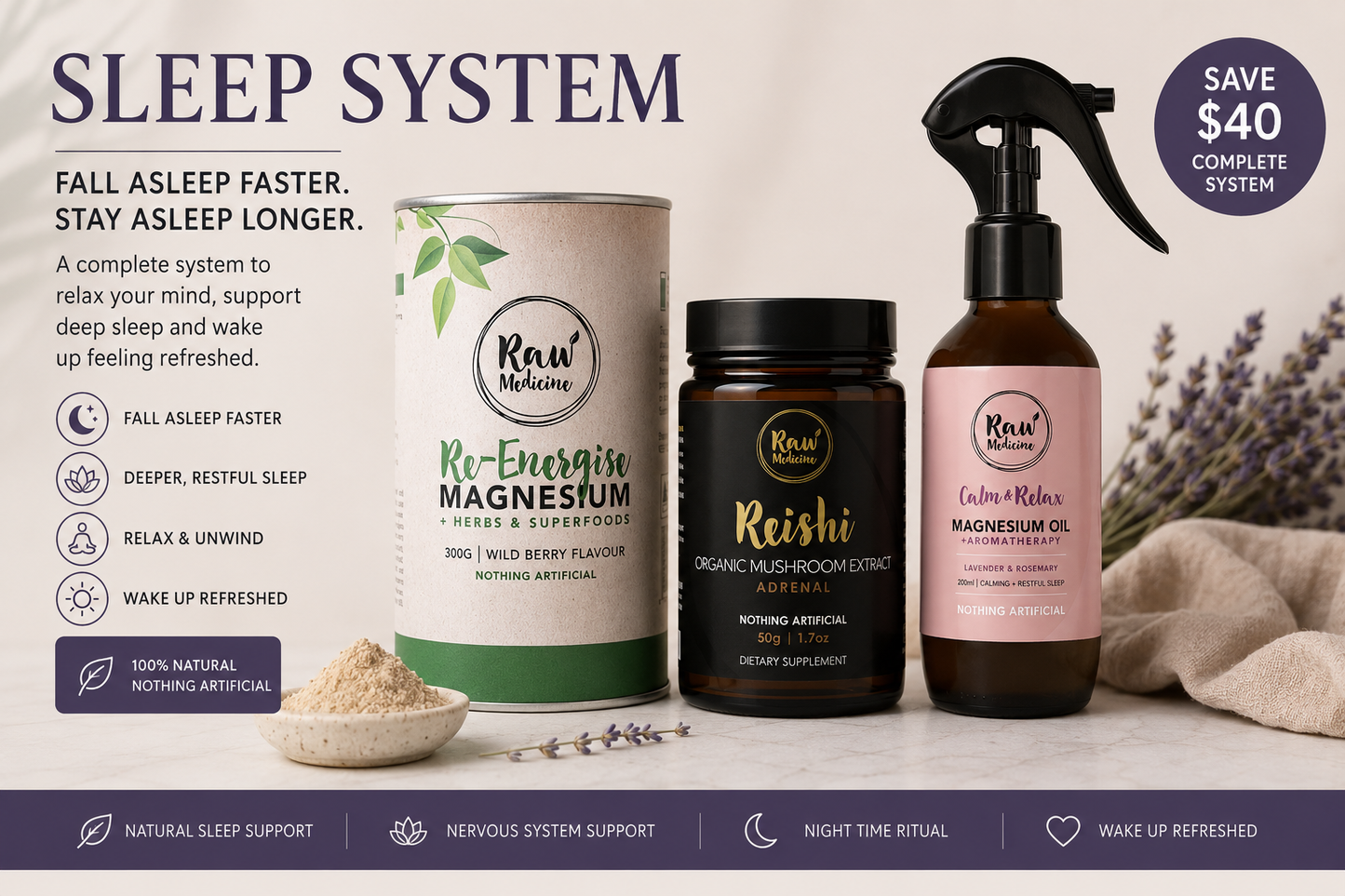 Sleep System - Re-Energise Magnesium, Reishi and Calm & Relax Magnesium Oil for deeper sleep
